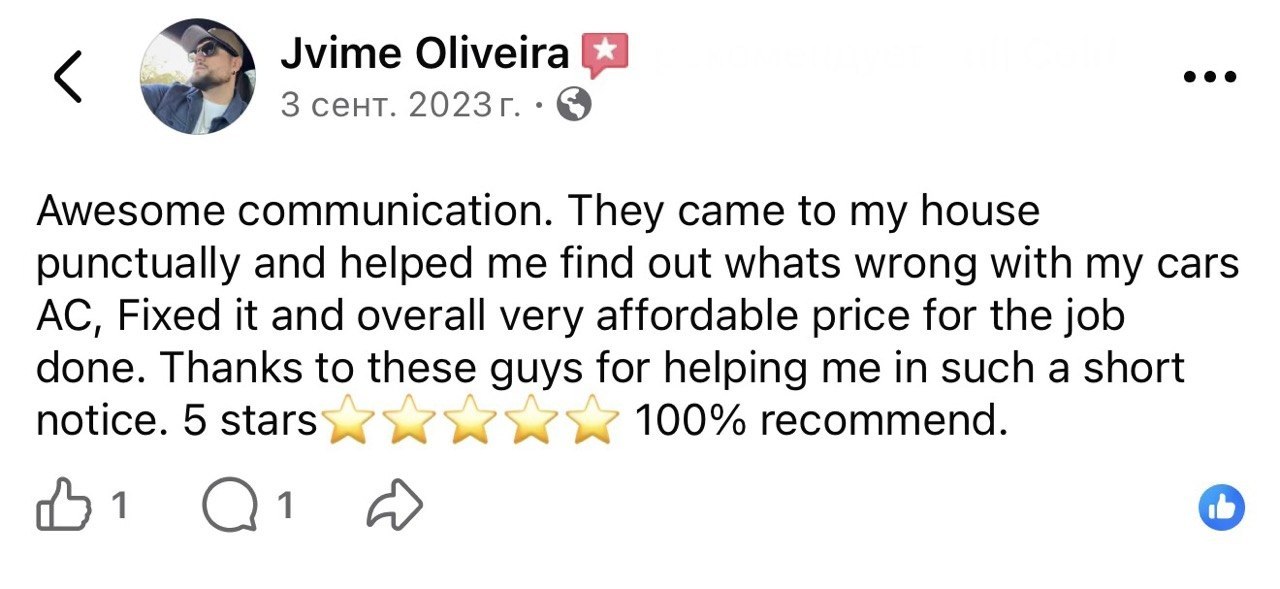 Customer review photo - mobile auto A/C repair testimonial